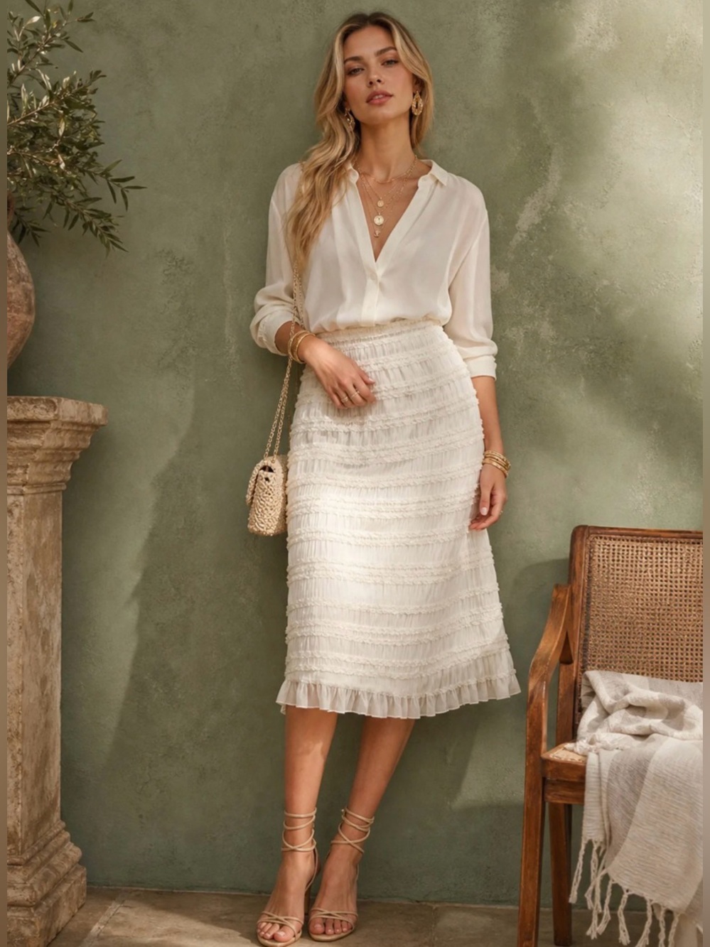 Apricot Elastic Waist Shirred Midi Skirt